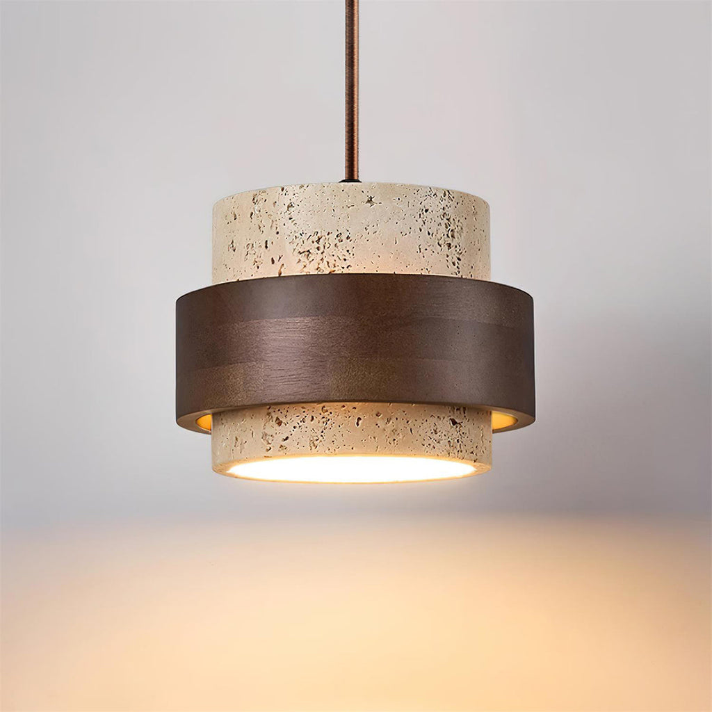 Sylora Travertine Pendant Light With Walnut Wood Band