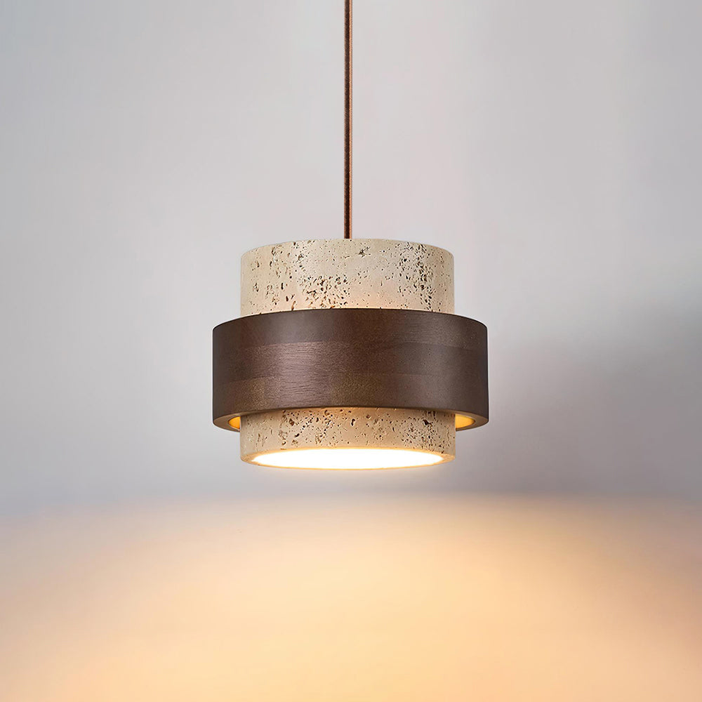 Sylora Travertine Pendant Light With Walnut Wood Band