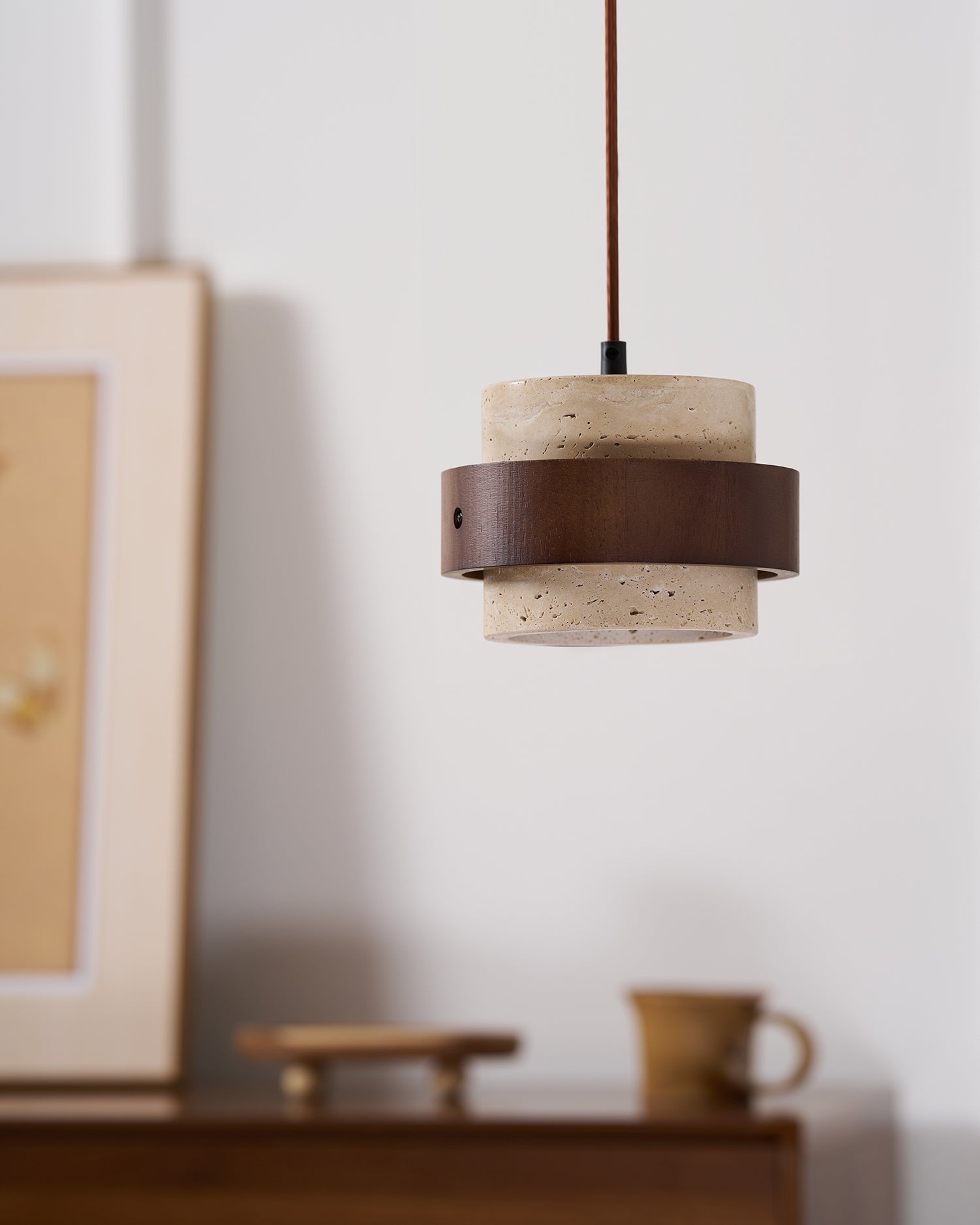 Sylora Travertine Pendant Light With Walnut Wood Band