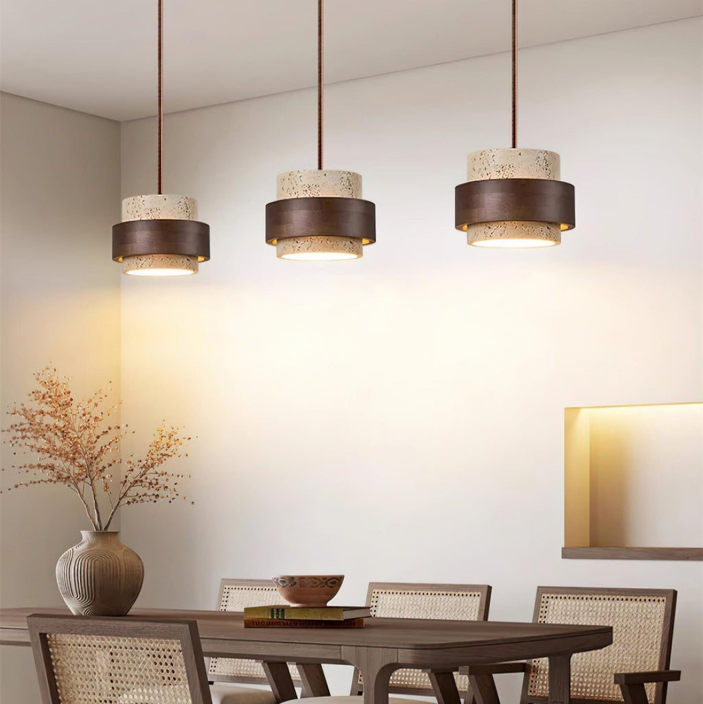 Sylora Travertine Pendant Light With Walnut Wood Band