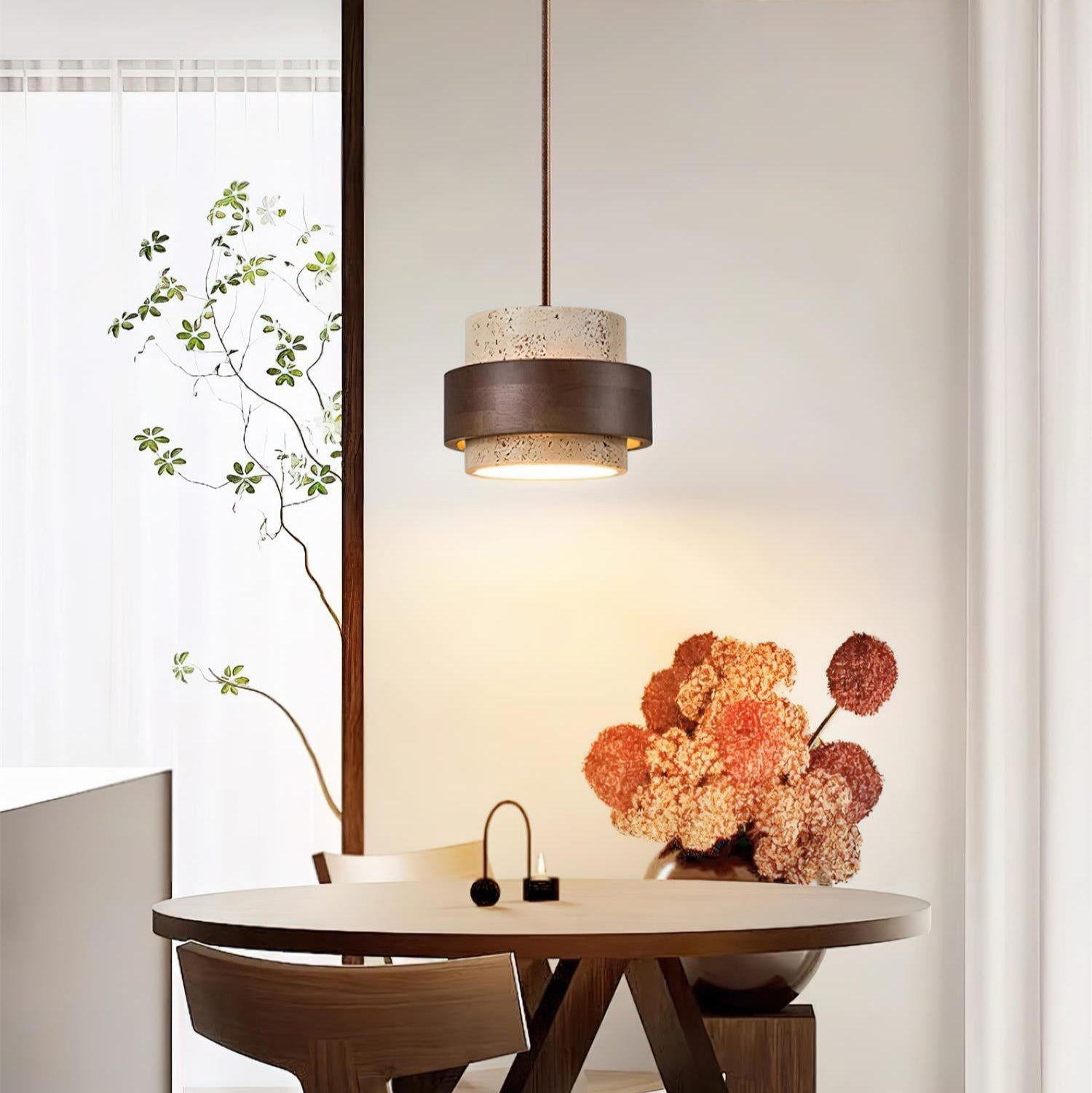 Sylora Travertine Pendant Light With Walnut Wood Band