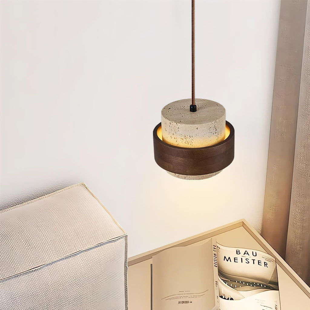 Sylora Travertine Pendant Light With Walnut Wood Band