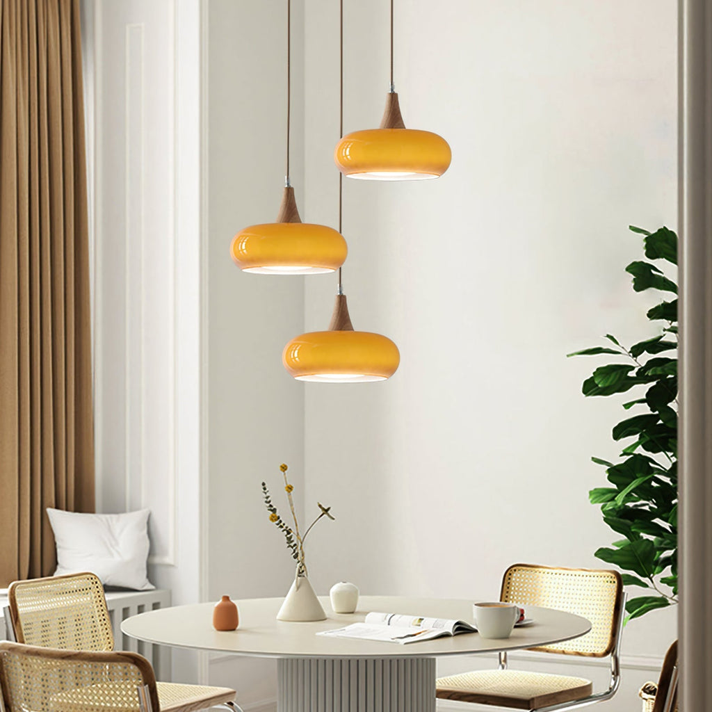 LumaWood Amber Glass Wood Pendant Light With Sleek Metal Detail