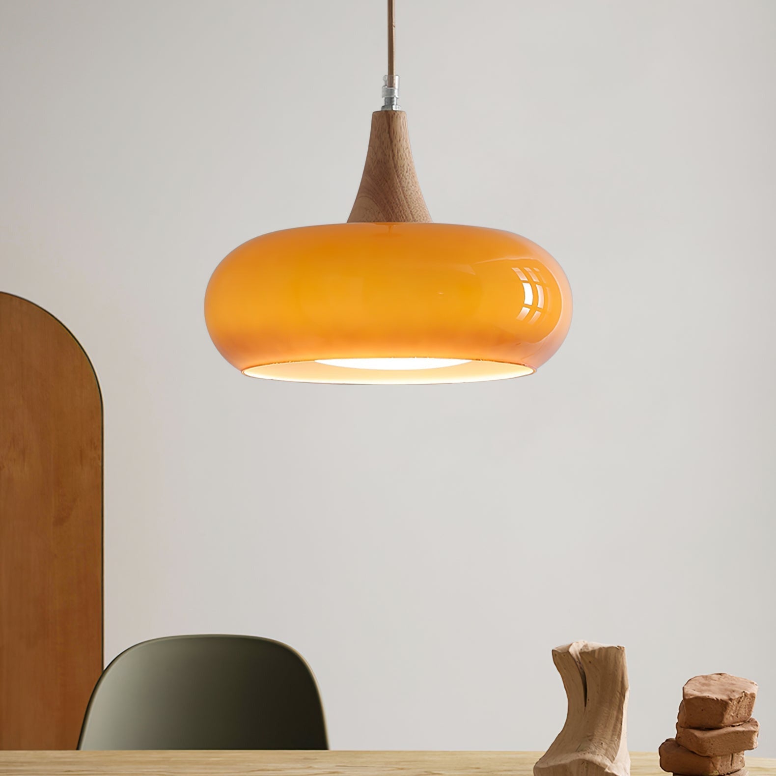 LumaWood Amber Glass Wood Pendant Light With Sleek Metal Detail