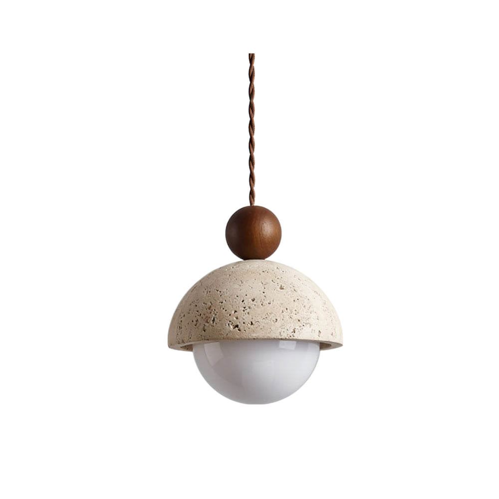 Lyra Glass Dome Travertine Pendant Light With Wood Accents