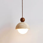 Lyra Glass Dome Travertine Pendant Light With Wood Accents