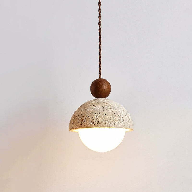 Lyra Glass Dome Travertine Pendant Light With Wood Accents