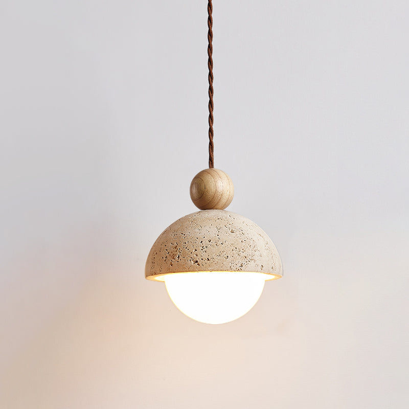 Lyra Glass Dome Travertine Pendant Light With Wood Accents