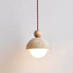 Lyra Glass Dome Travertine Pendant Light With Wood Accents
