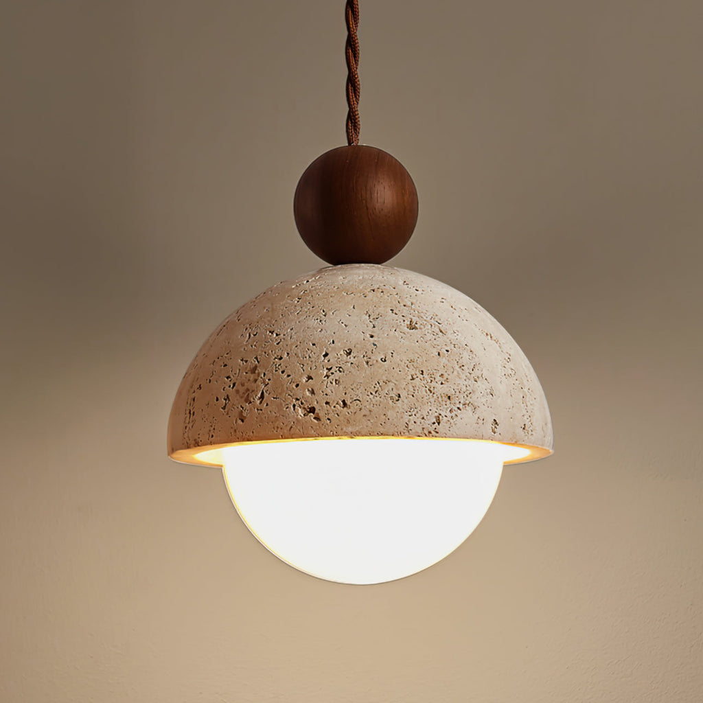 Lyra Glass Dome Travertine Pendant Light With Wood Accents
