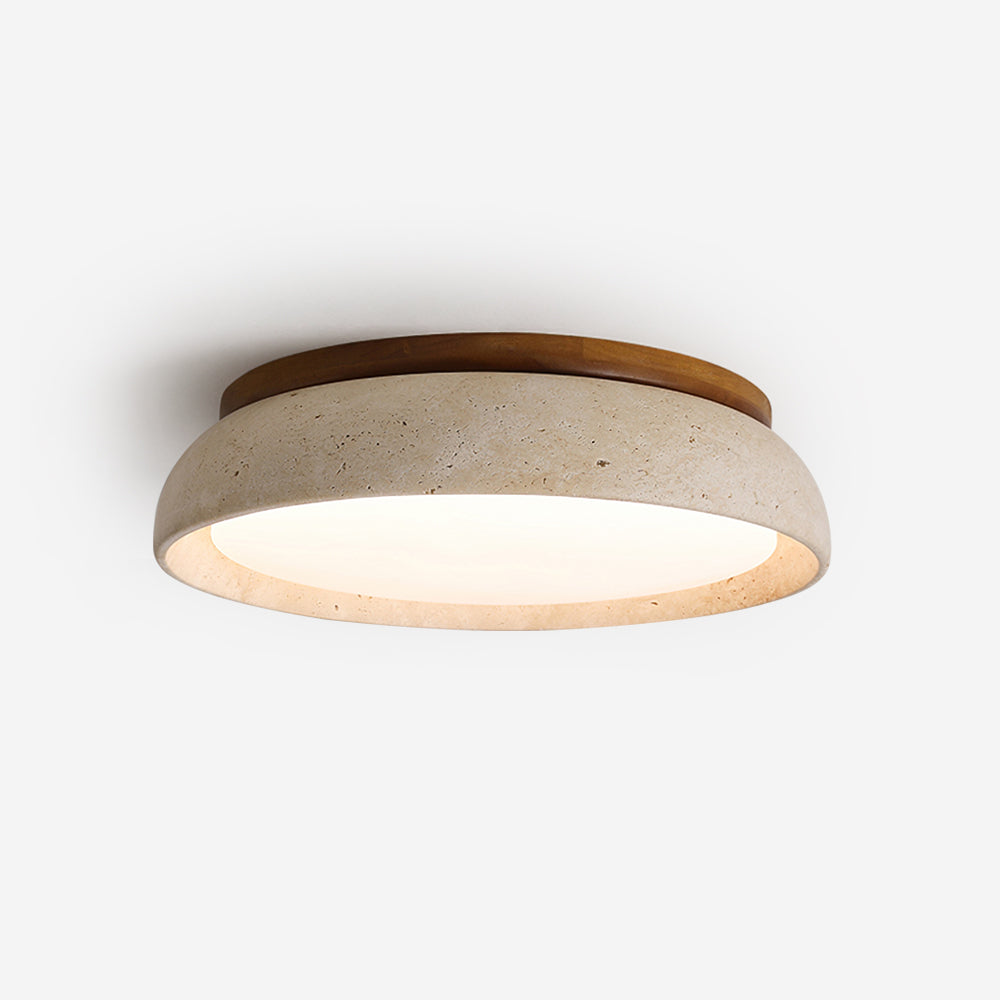 LumaStone Travertine Ceiling Light With Wooden Base And Natural Stone Texture