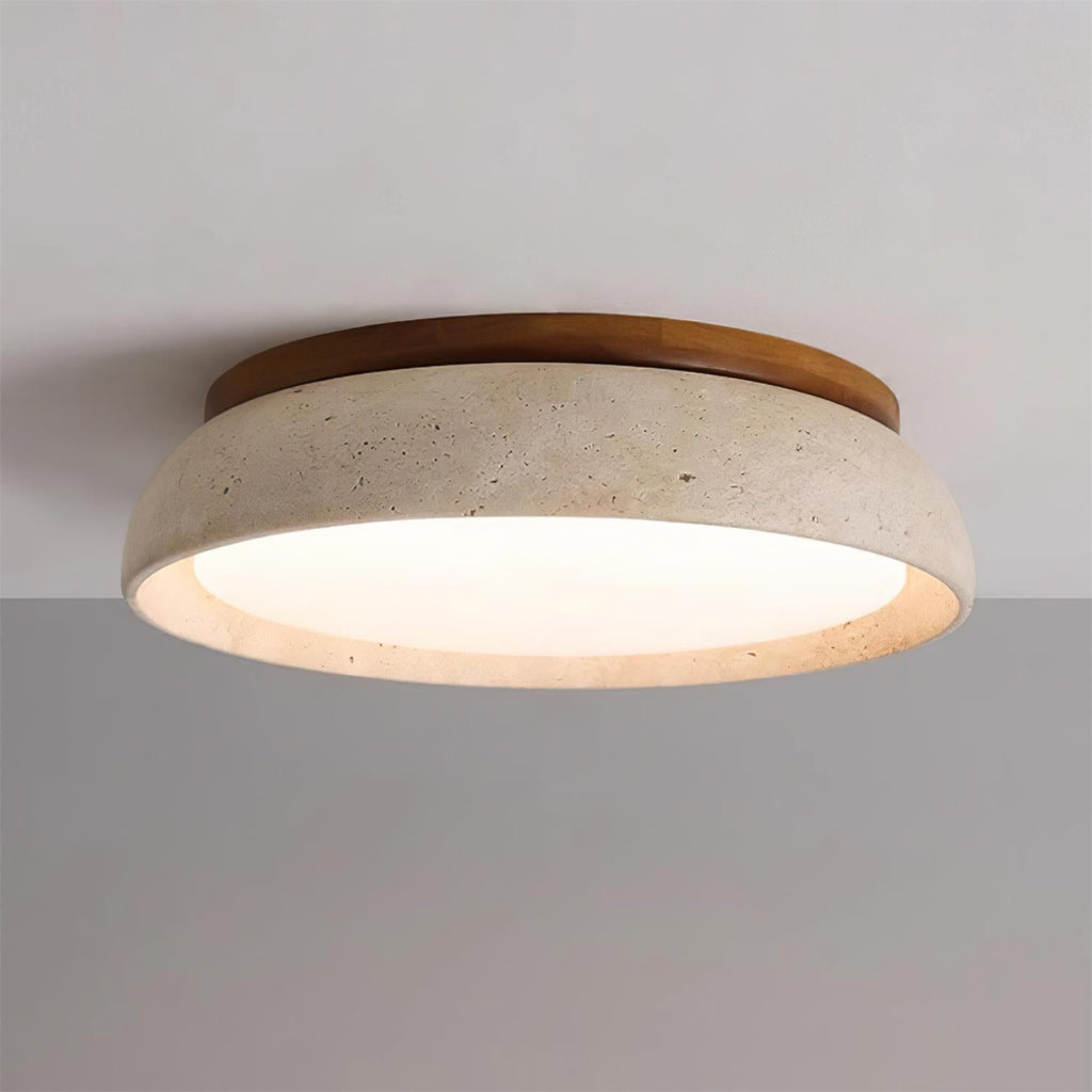 LumaStone Travertine Ceiling Light With Wooden Base And Natural Stone Texture