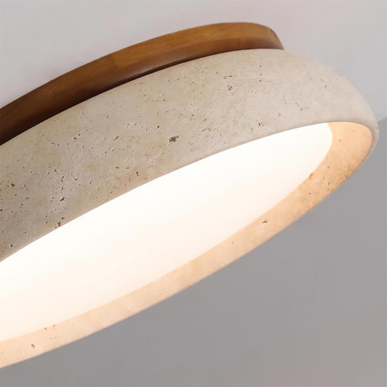 LumaStone Travertine Ceiling Light With Wooden Base And Natural Stone Texture