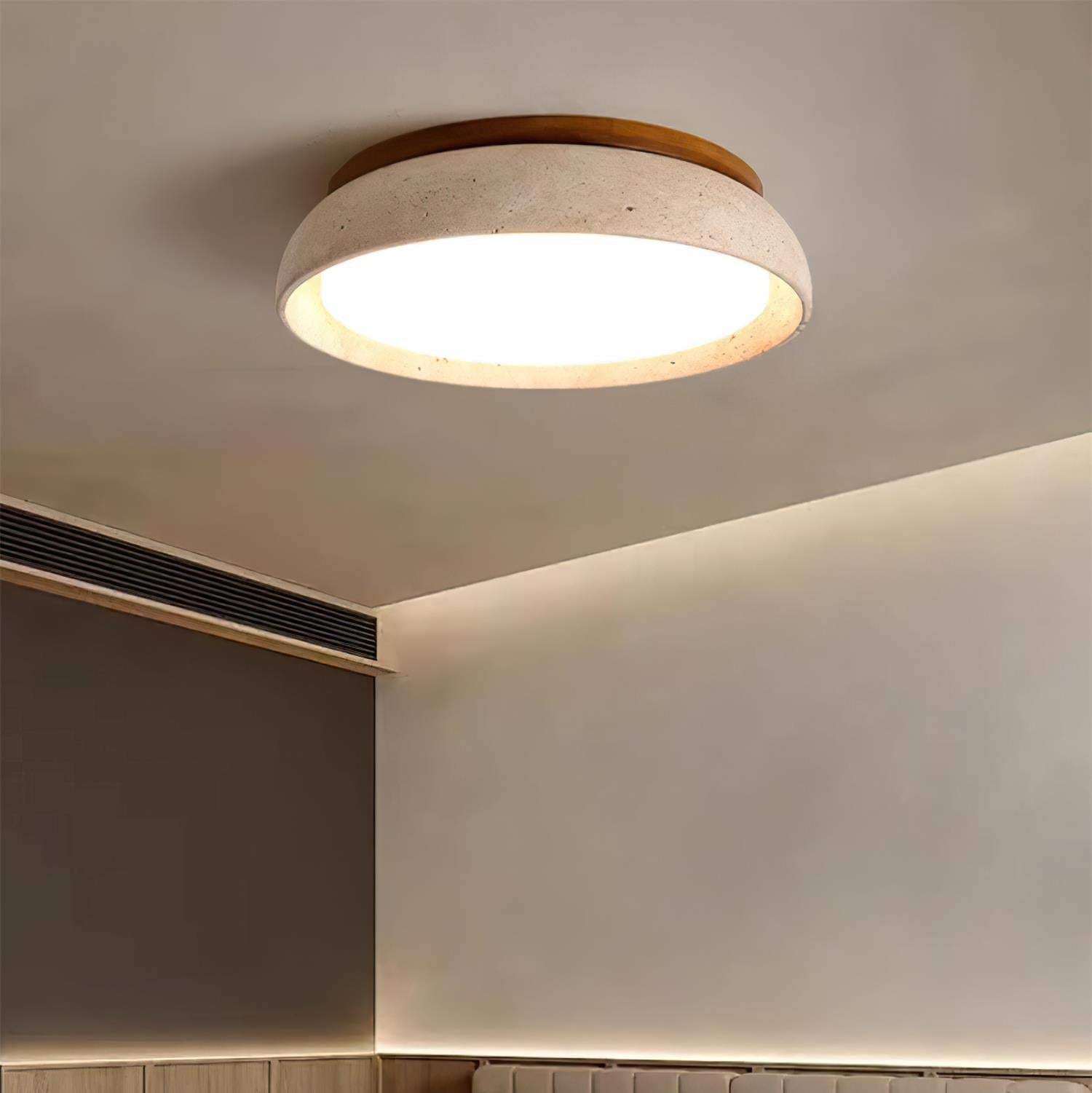 LumaStone Travertine Ceiling Light With Wooden Base And Natural Stone Texture