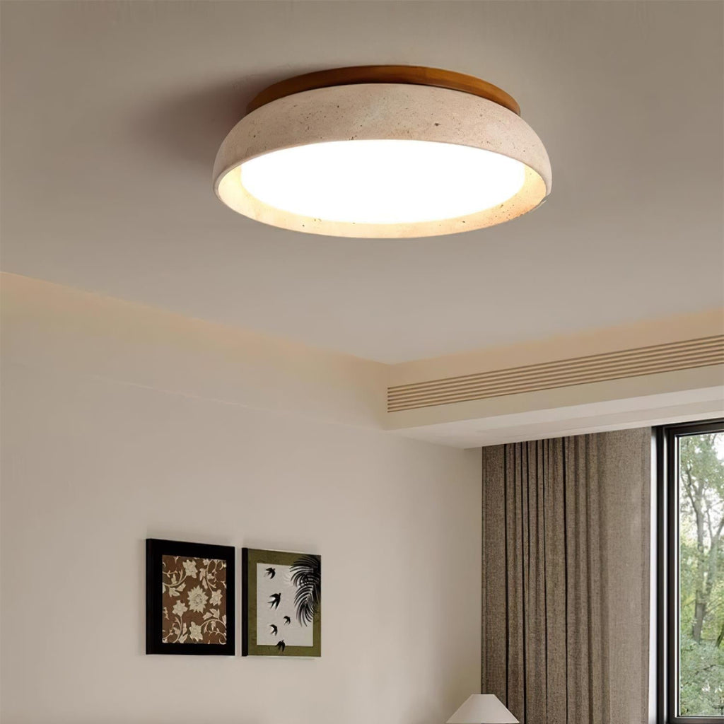 LumaStone Travertine Ceiling Light With Wooden Base And Natural Stone Texture