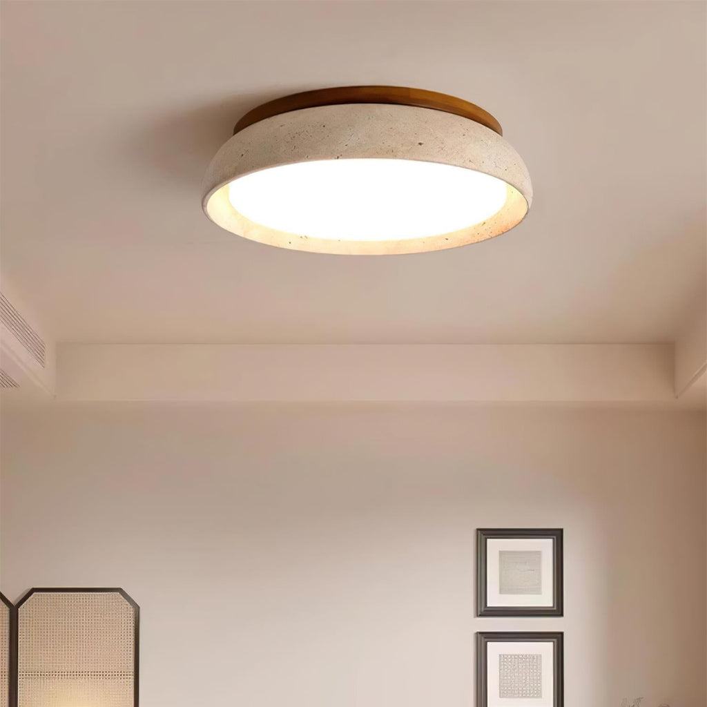 LumaStone Travertine Ceiling Light With Wooden Base And Natural Stone Texture