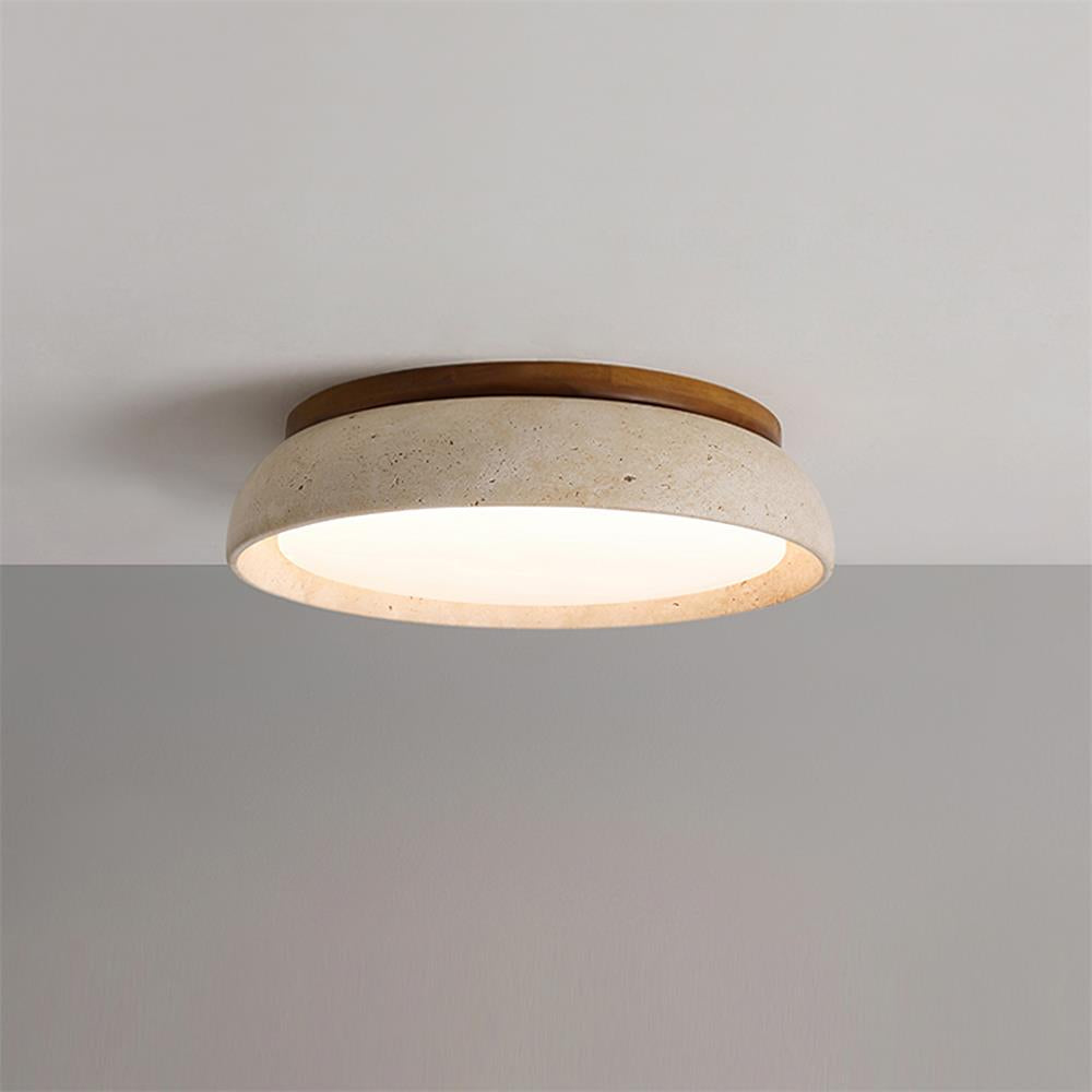 LumaStone Travertine Ceiling Light With Wooden Base And Natural Stone Texture