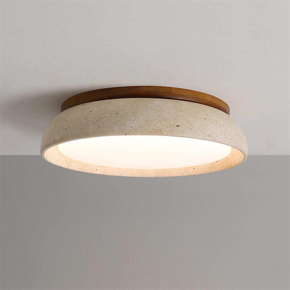 LumaStone Travertine Ceiling Light With Wooden Base And Natural Stone Texture