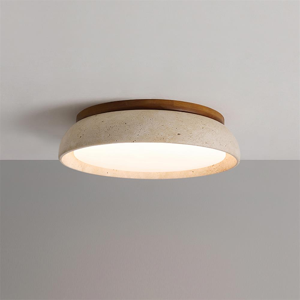 LumaStone Travertine Ceiling Light With Wooden Base And Natural Stone Texture