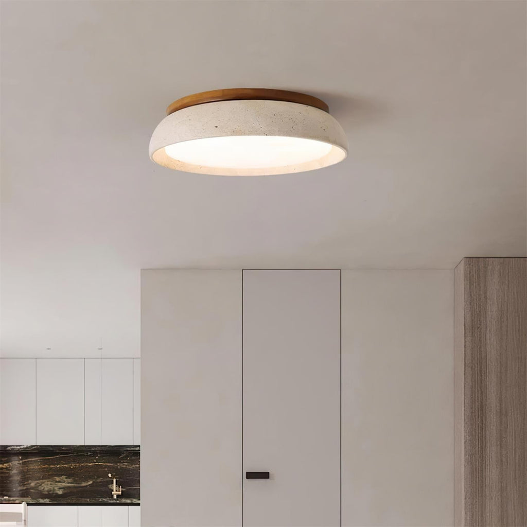 LumaStone Travertine Ceiling Light With Wooden Base And Natural Stone Texture