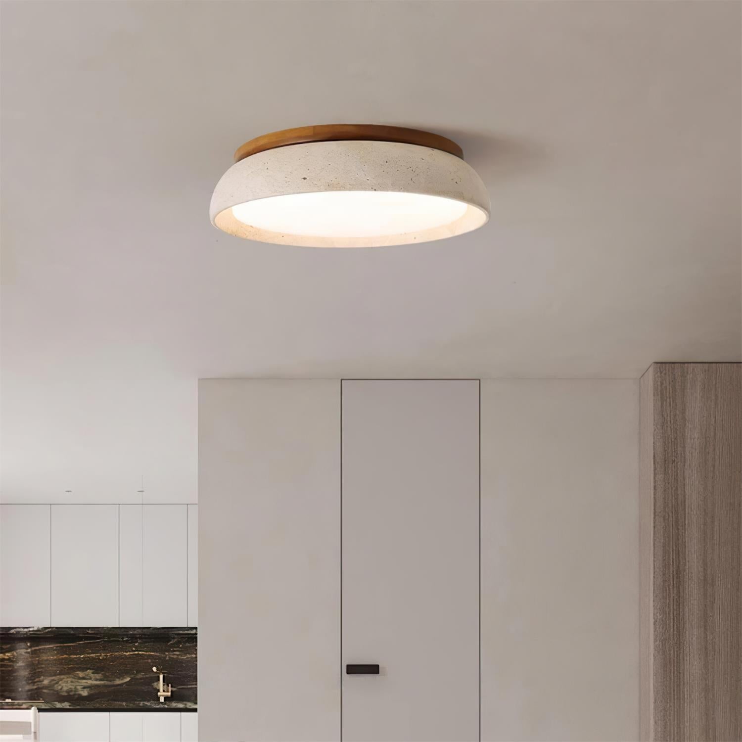 LumaStone Travertine Ceiling Light With Wooden Base And Natural Stone Texture