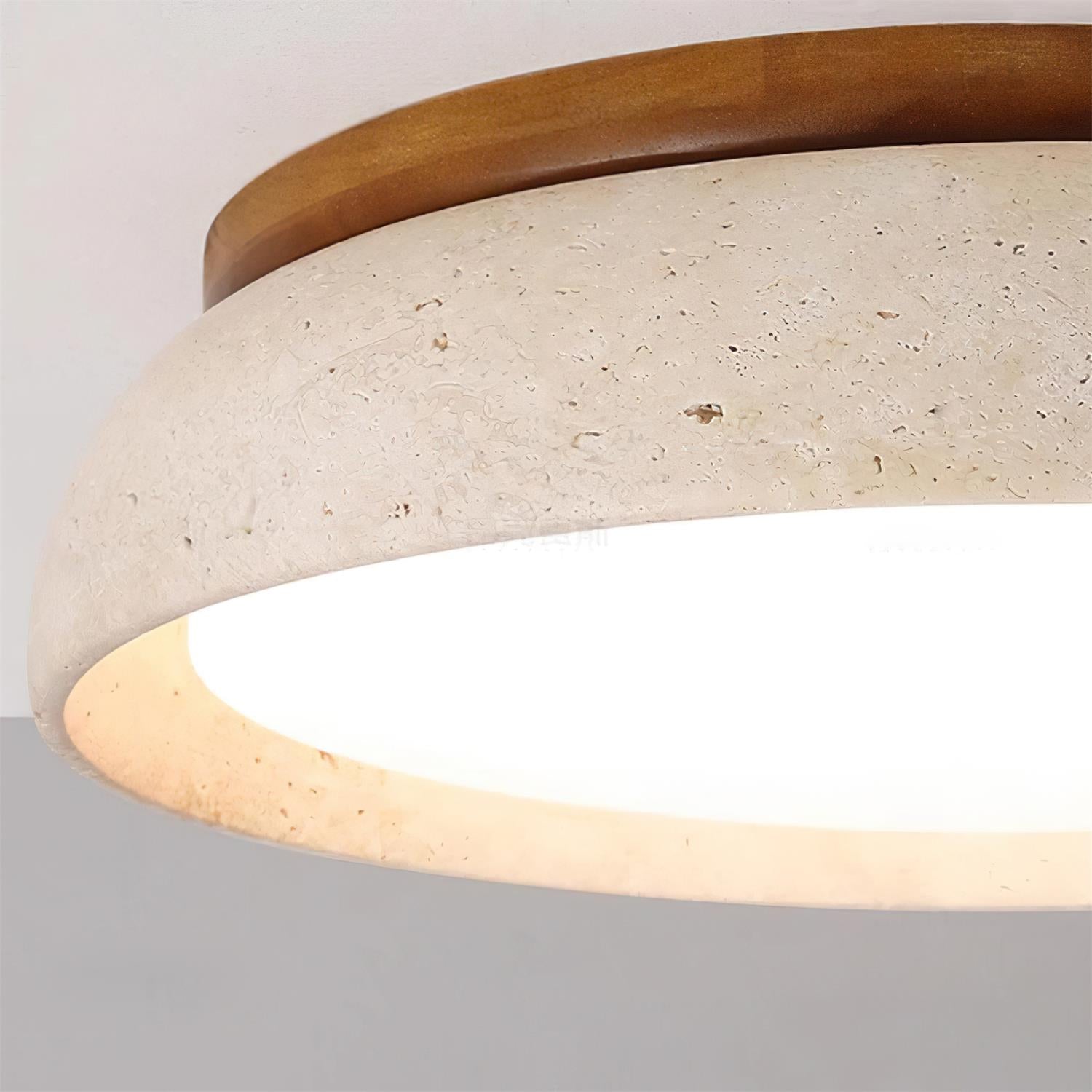 LumaStone Travertine Ceiling Light With Wooden Base And Natural Stone Texture
