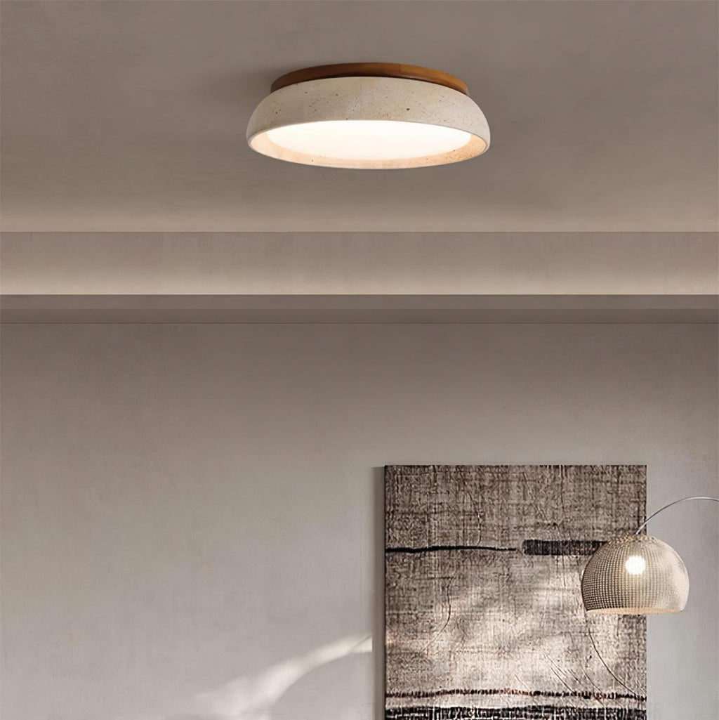 LumaStone Travertine Ceiling Light With Wooden Base And Natural Stone Texture
