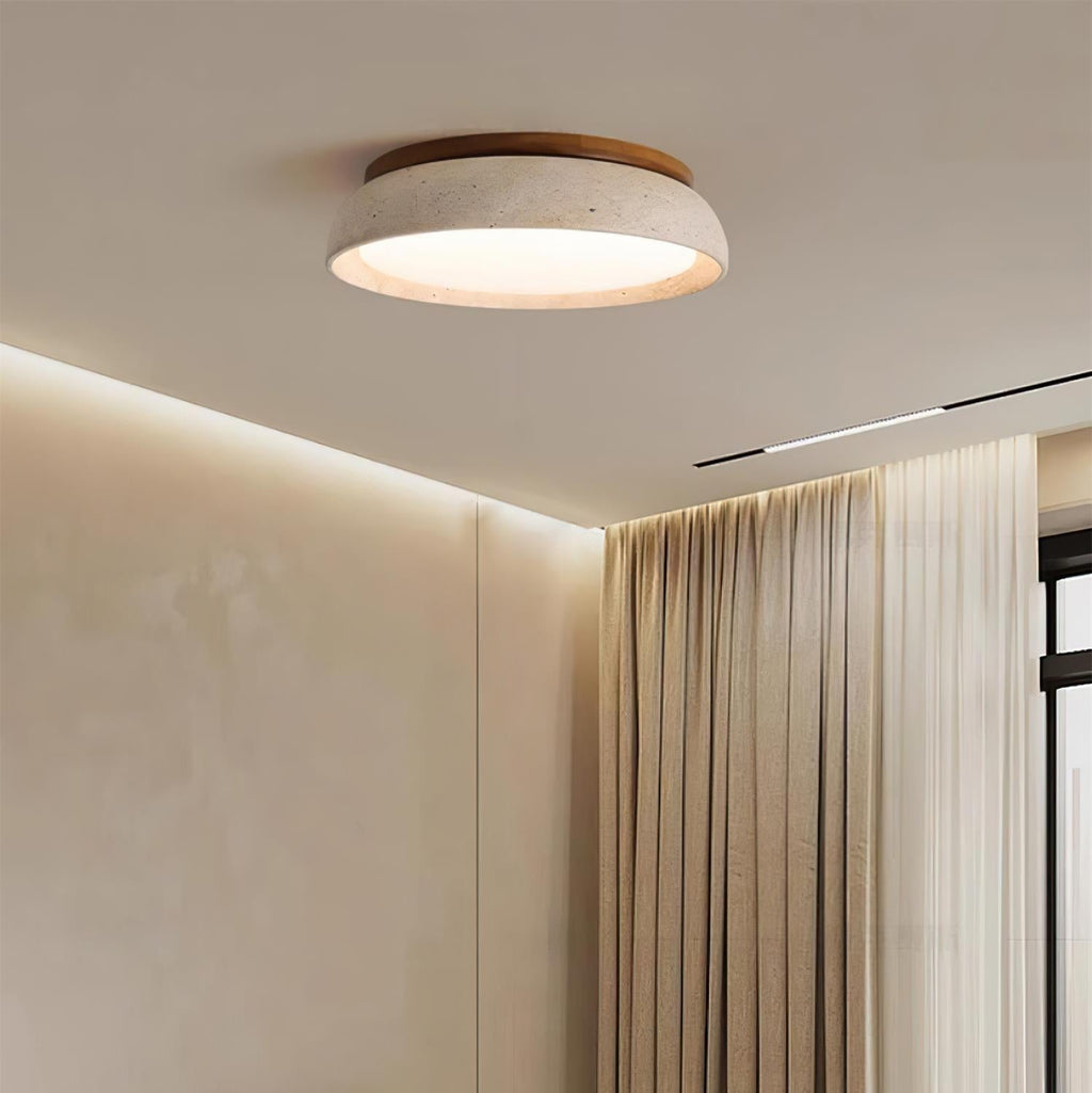 LumaStone Travertine Ceiling Light With Wooden Base And Natural Stone Texture