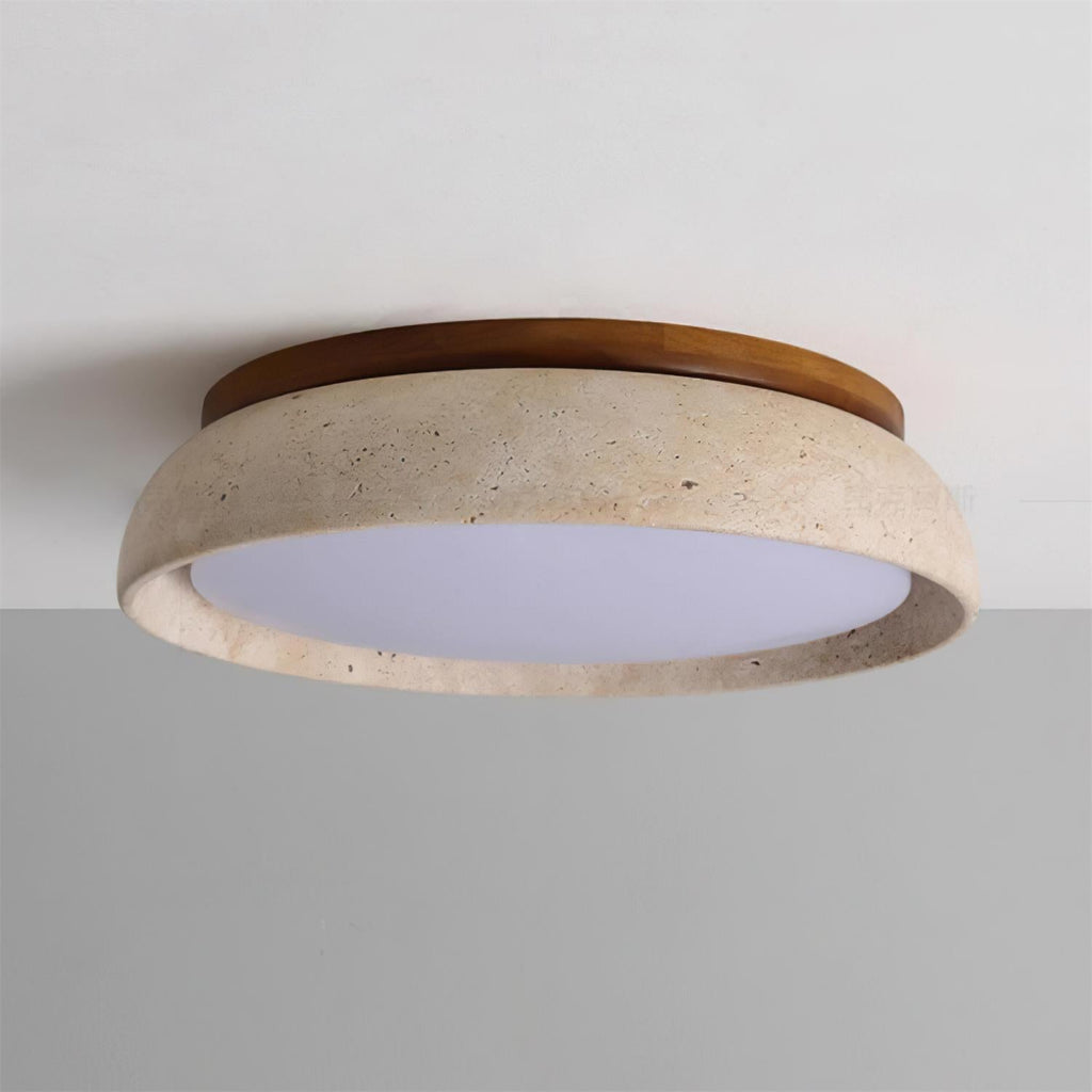 LumaStone Travertine Ceiling Light With Wooden Base And Natural Stone Texture