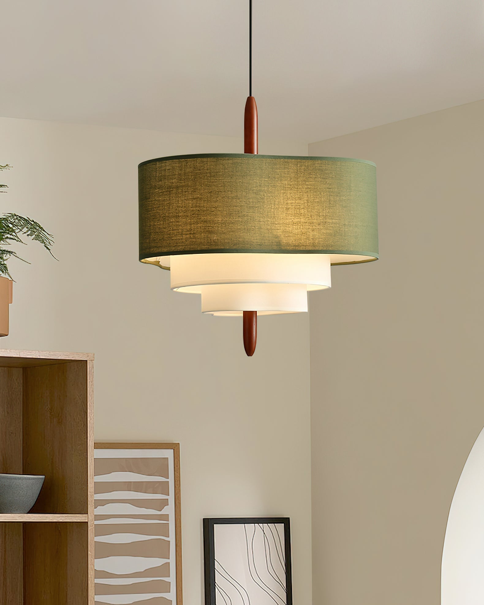 Astrae | Green Fabric Pendant Lamp With Wood Accents Dimmable
