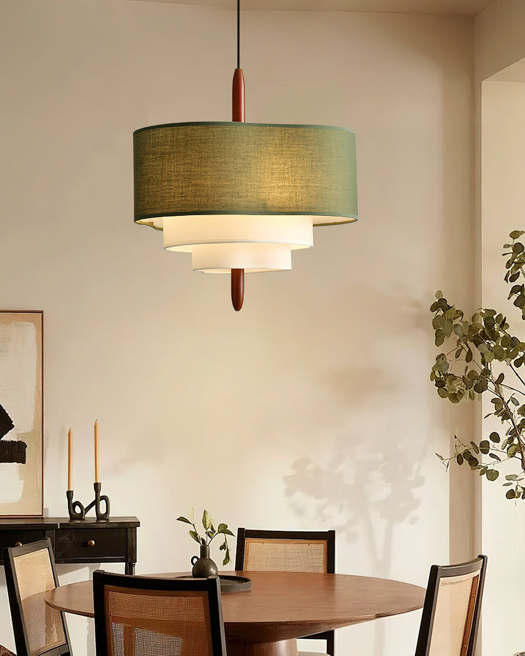 Astrae | Green Fabric Pendant Lamp With Wood Accents Dimmable