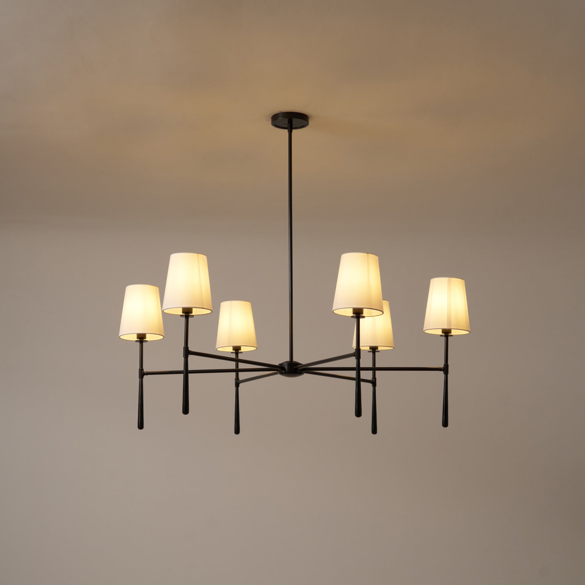 Aurelia Four to Six Light Mid Century Chandelier with Linen Shades