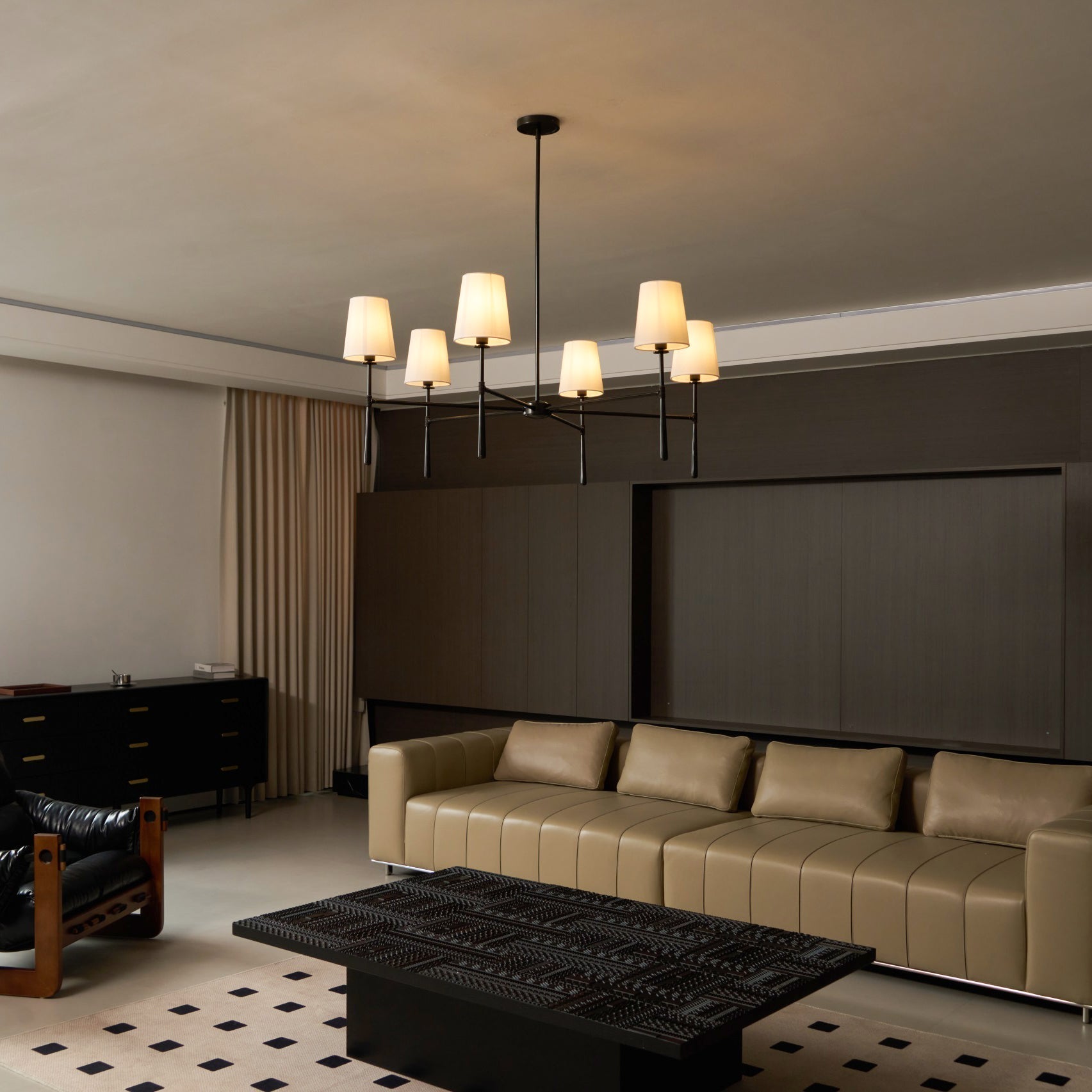 Aurelia Four to Six Light Mid Century Chandelier with Linen Shades