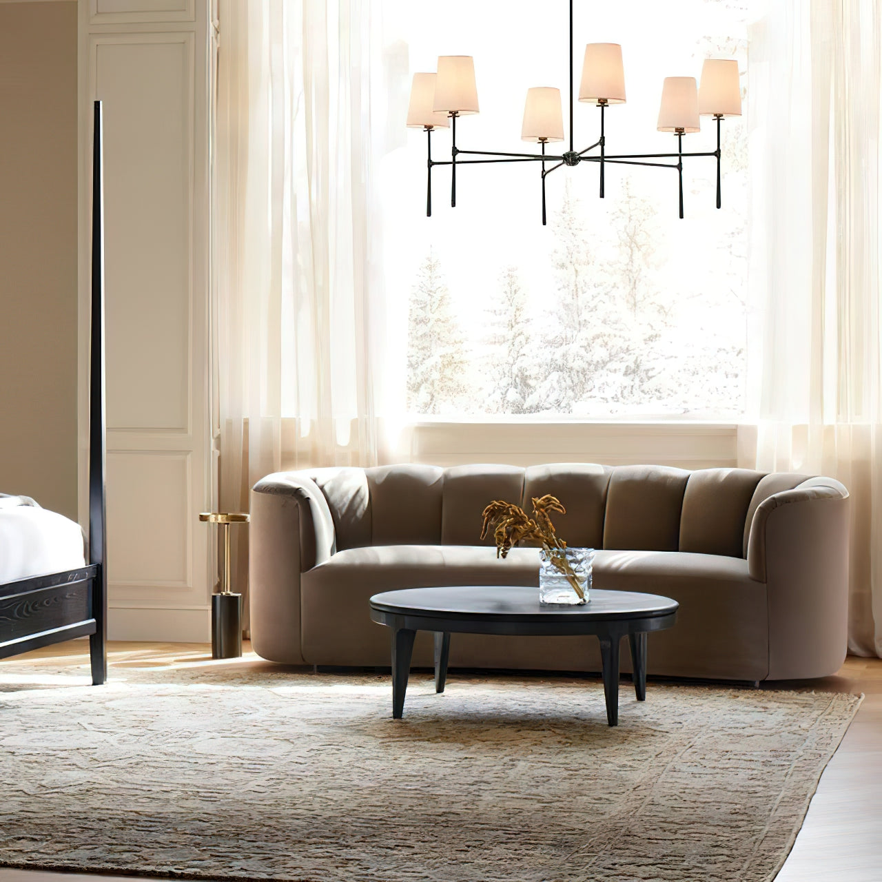 Aurelia Four to Six Light Mid Century Chandelier with Linen Shades