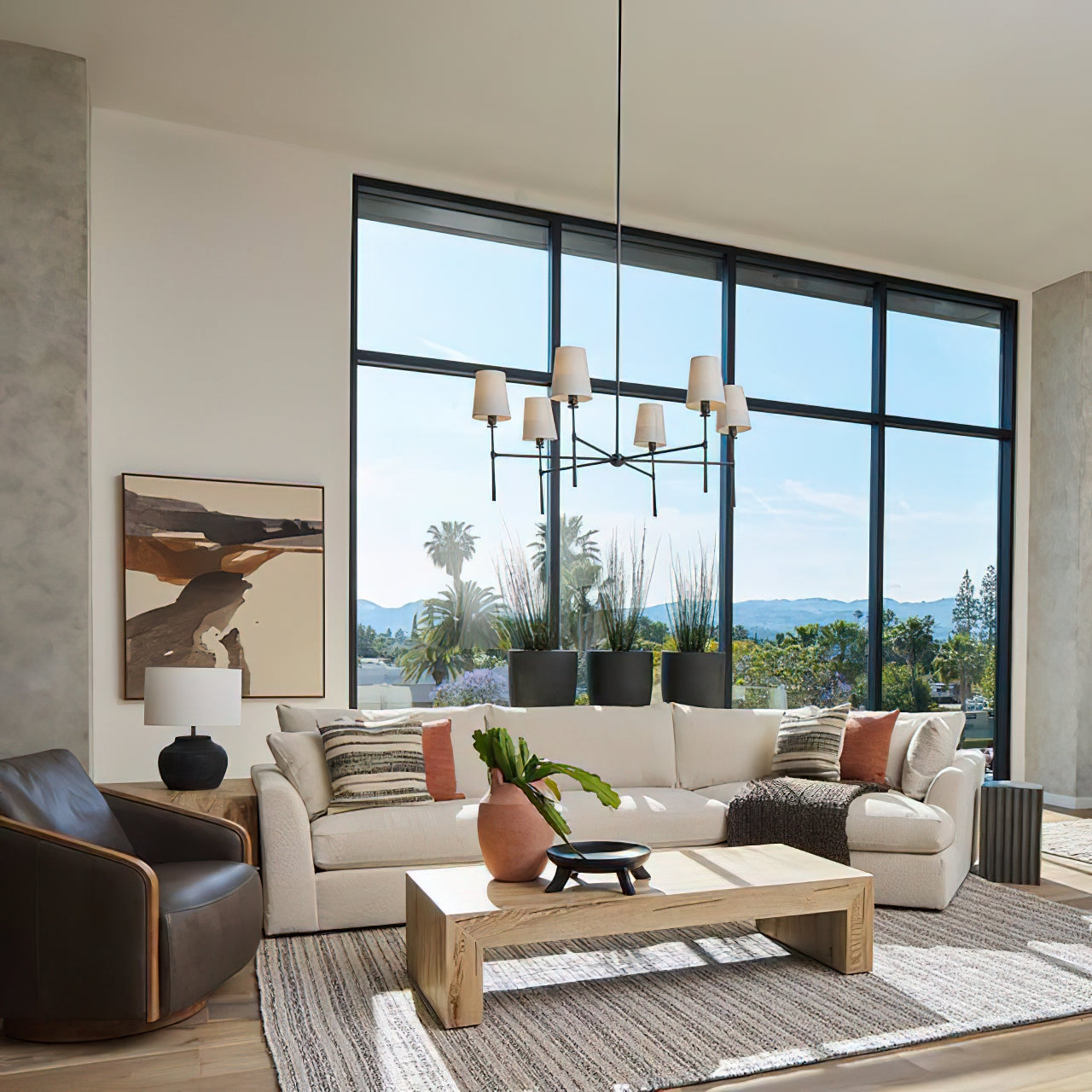 Aurelia Four to Six Light Mid Century Chandelier with Linen Shades