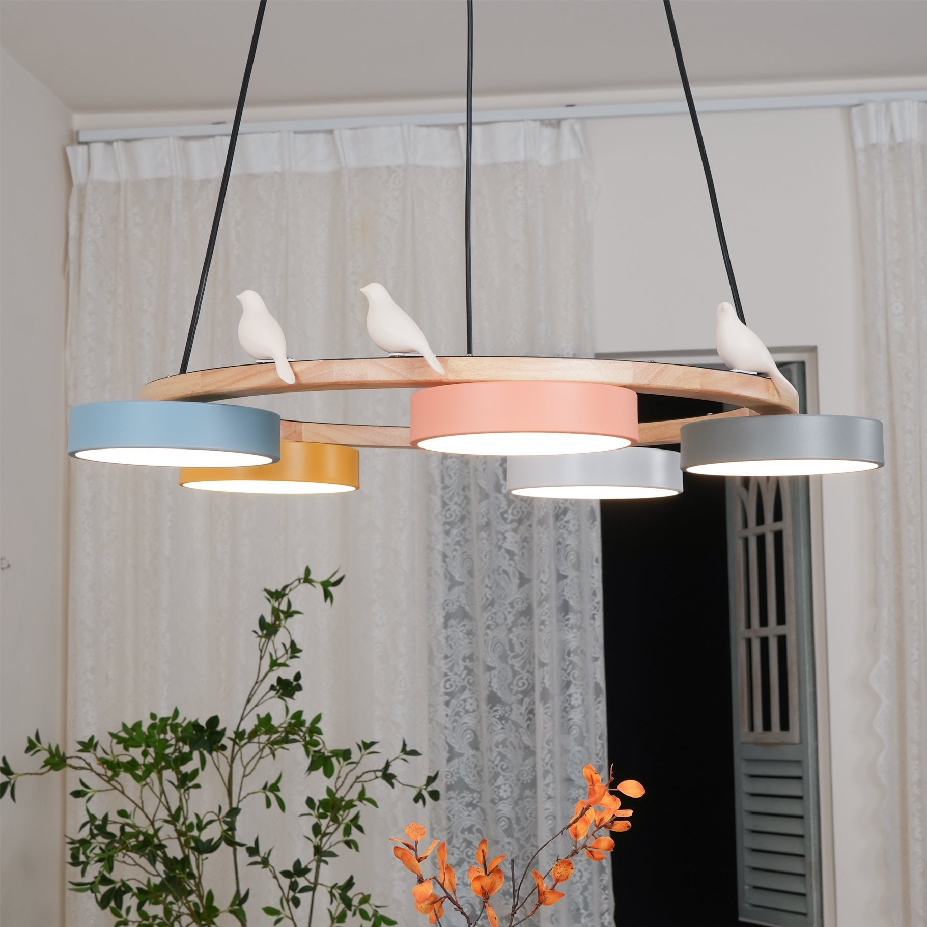Aviara Orb Round Chandelier With Bird Design In Metal Wood Resin And Acrylic