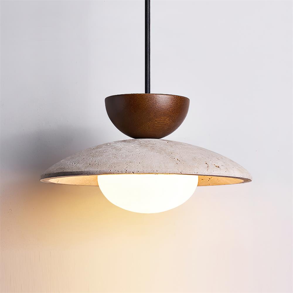 Nymera Travertine Pendant Light With Wood Accents For Dining Rooms And Entryways