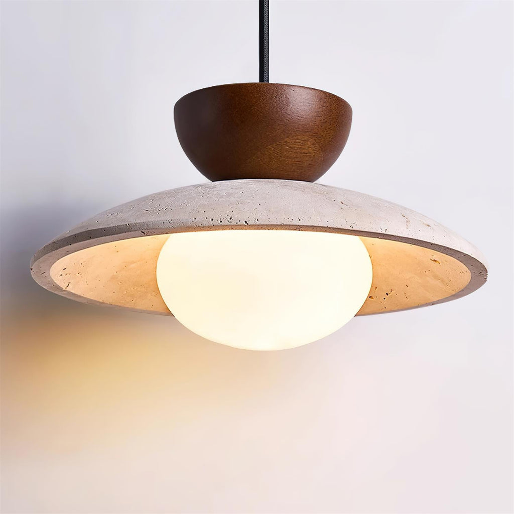 Nymera Travertine Pendant Light With Wood Accents For Dining Rooms And Entryways
