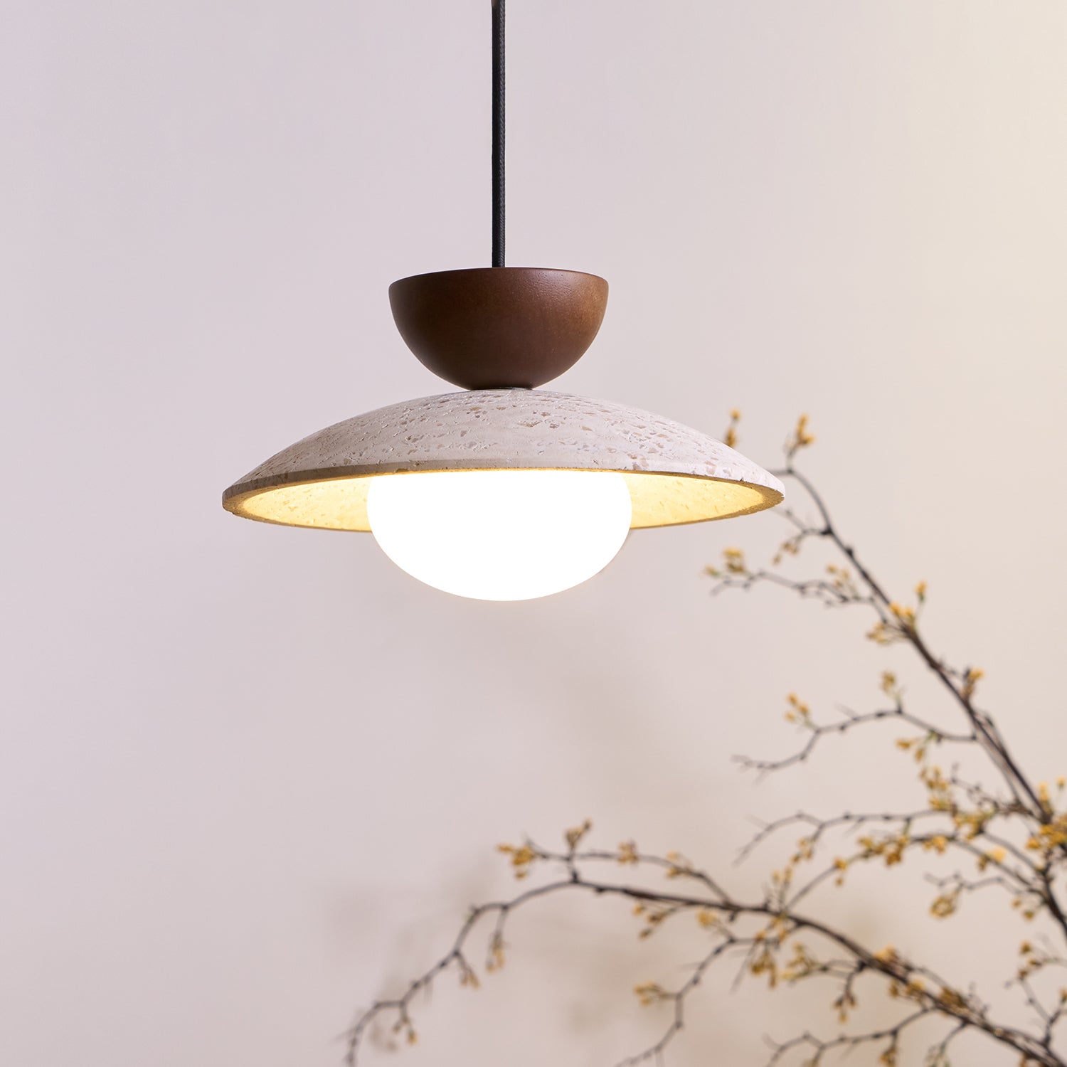 Nymera Travertine Pendant Light With Wood Accents For Dining Rooms And Entryways