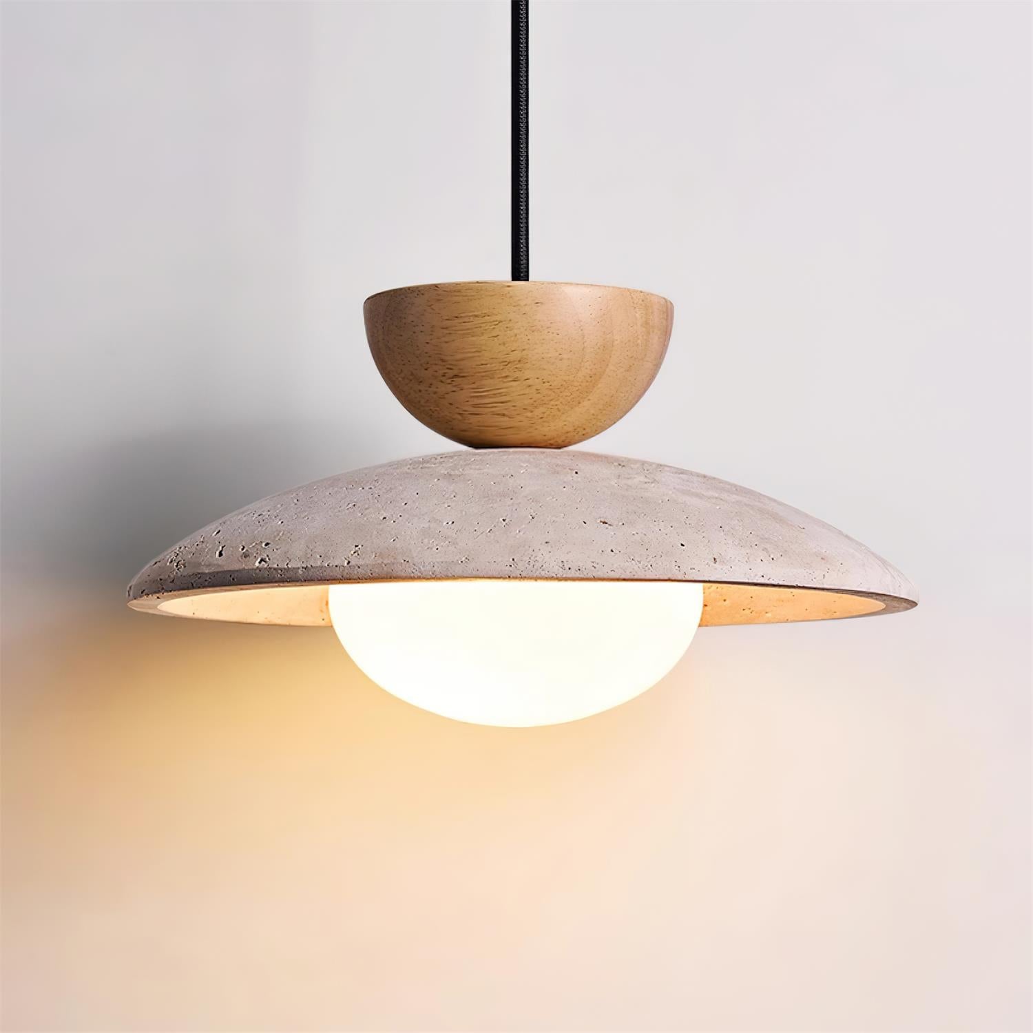 Nymera Travertine Pendant Light With Wood Accents For Dining Rooms And Entryways