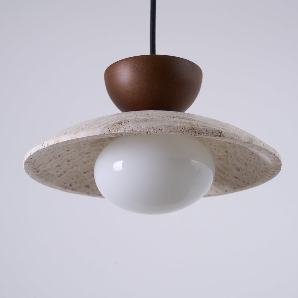 Nymera Travertine Pendant Light With Wood Accents For Dining Rooms And Entryways