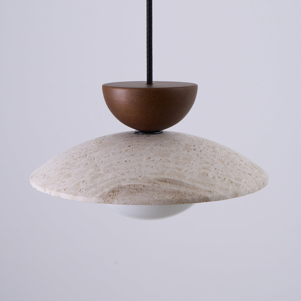Nymera Travertine Pendant Light With Wood Accents For Dining Rooms And Entryways
